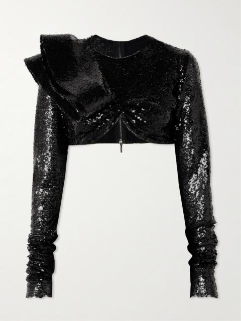 MATICEVSKI Illusion Cropped Ruffled Sequined Mesh Top