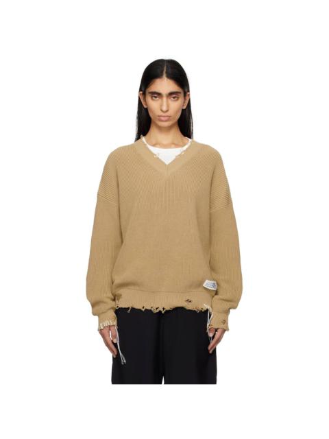 MM6 Maison Margiela Beige Eaten Knit V-Neck Sweater