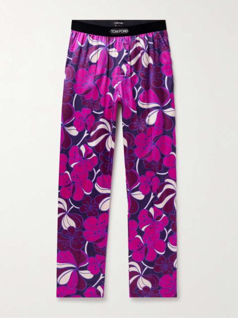 Straight-Leg Velvet-Trimmed Printed Stretch-Silk Pyjama Trousers
