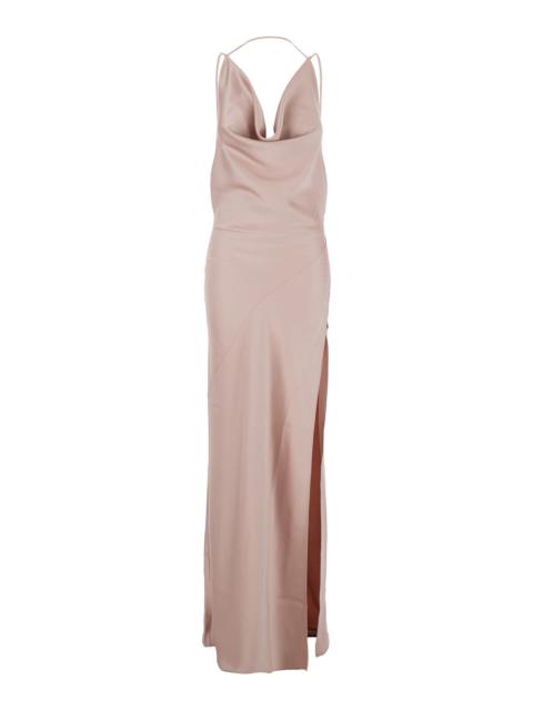 THE ANDAMANE Long Dress Vera With Draped Neckline And Front Vent Pink Fabric For Women