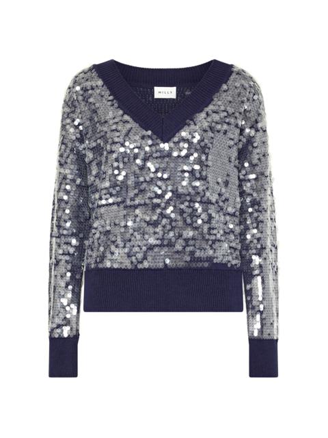 MILLY Women's Ilaria Sequined V-Neck Sweater - Navy