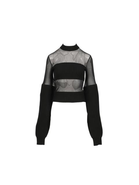 Jean Paul Gaultier LAMBSWOOL RIBBED LONG SLEEVES SWEATER WITH MESH CUT OUT DETAILS / BLK