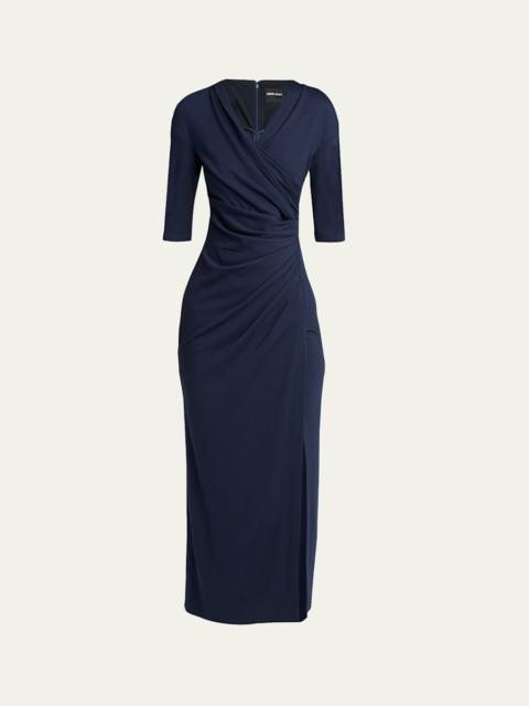 GIORGIO ARMANI Elbow-Sleeve Draped Slit Midi Dress