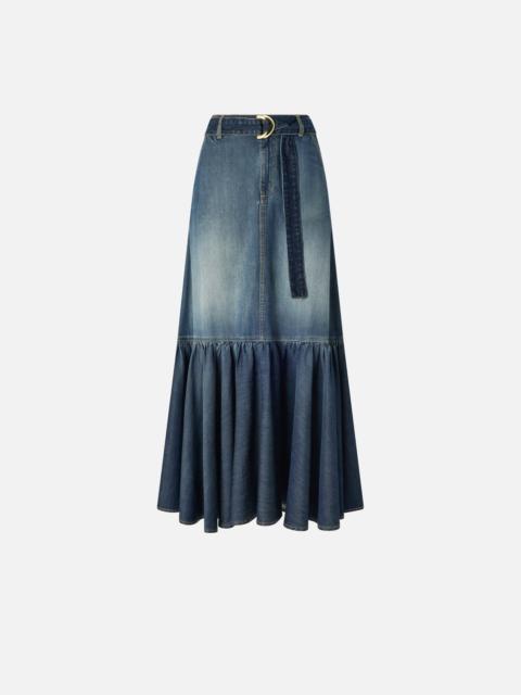 PINKO LONG DENIM SKIRT WITH FLOUNCE AND BELT