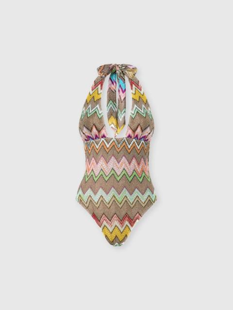 Missoni One-piece swimsuit in lamé viscose with macro zigzag and deep neckline