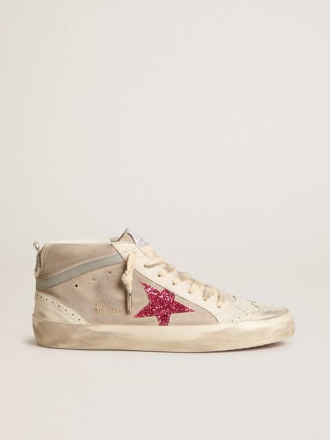 Mid Star in suede with fuchsia glitter star and gray leather flash