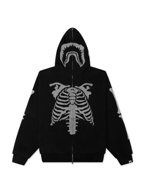 A BATHING APE® SKELETON SHARK HEAVY WASHED CROPPED FIT FULL ZIP HOODIE - BLACK