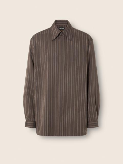 ZEGNA DARK BROWN AND CREAM WHITE PINSTRIPED SILK SHIRT