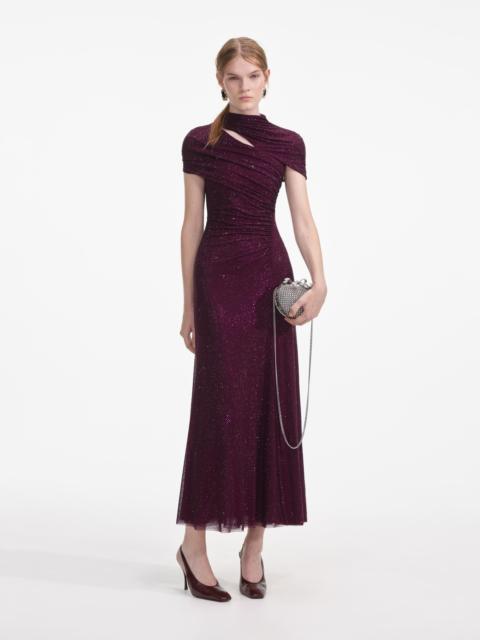self-portrait Burgundy Rhinestone 메쉬 절단 Midi 드레스