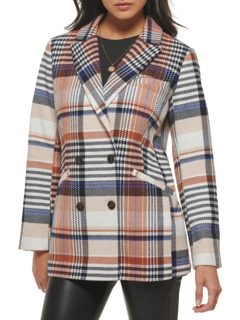 Double Breasted Wool Blend Blazer in Cream/Rust/Navy Plaid