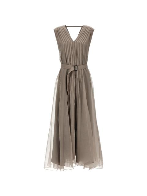Brunello Cucinelli pleated V-neck silk maxi dress