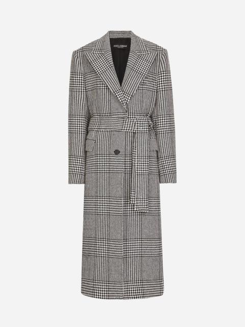 Single-breasted houndstooth check coat with belt