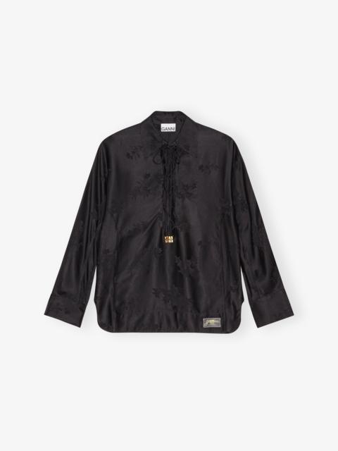 GANNI BLACK SATIN JACQUARD TIE STRING SHIRT
