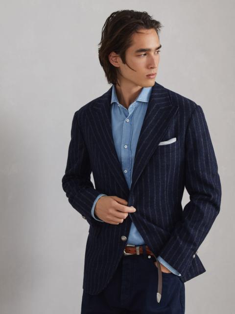 Comfort alpaca and wool chalk stripe deconstructed blazer with large peak lapels and metal buttons