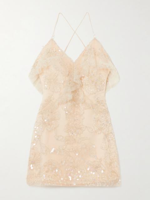 Aje. Iridescence Ruffled Beaded Tulle Mini Dress