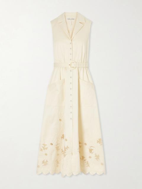 SALONI Kirat Belted Scalloped Embroidered Poplin Midi Dress