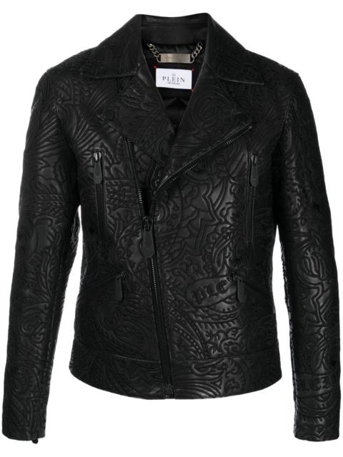 PHILIPP PLEIN paisley-print leather biker jacket