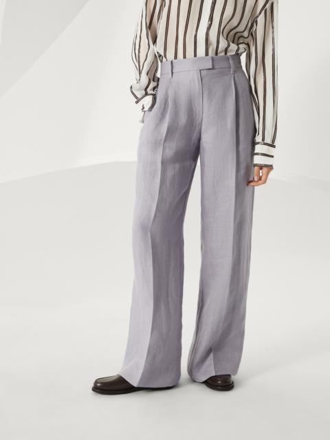Brunello Cucinelli Dyed hemp and linen gabardine loose pleated trousers with monili