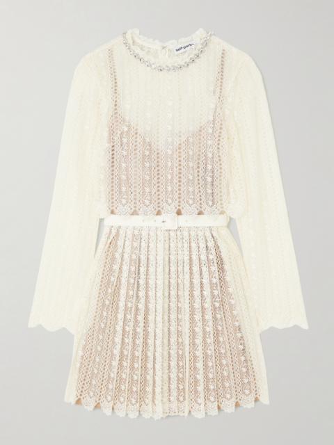 self-portrait Belted Crystal-embellished Pleated Lace Mini Dress
