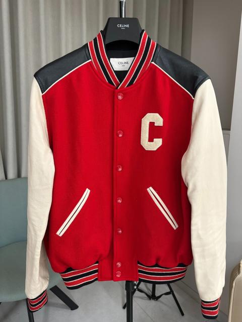 CELINE Celine Red Lambskin Sleeve Wool Embroidered Letter C Baseball Jacket