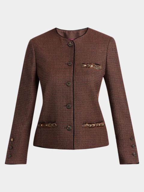 Etro Feather-Trim Houndstooth Wool Single-Breasted Jacket