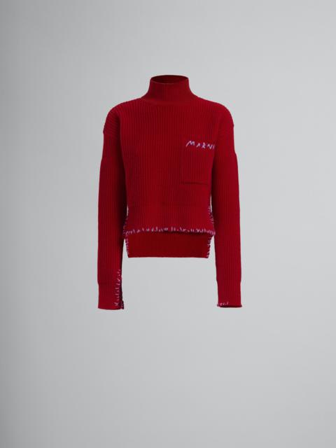Marni RED TURTLENECK SWEATER WITH RAW-EDGE DETAILING