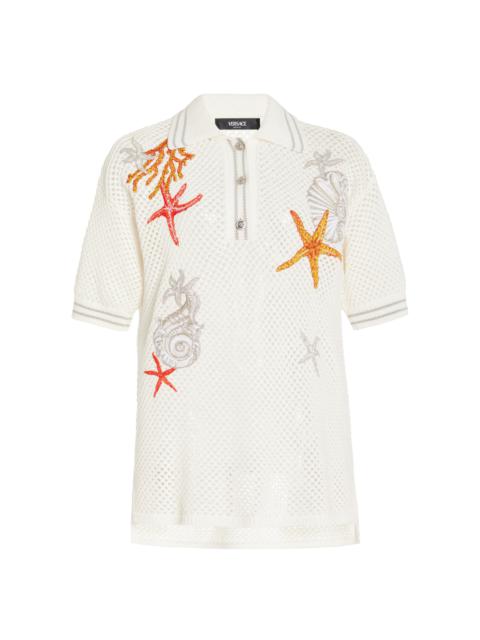 Coral-Embroidered Knit-Cotton Polo Top white