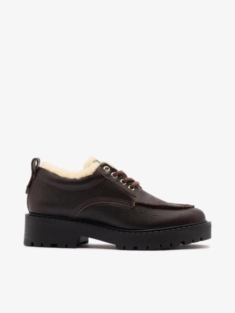 Larroudé London Lace Up Loafer In Brown Leather and Natural Shearling