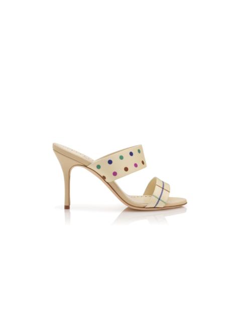 Manolo Blahnik Cream Silk Check and Polka Dot Detail Mules