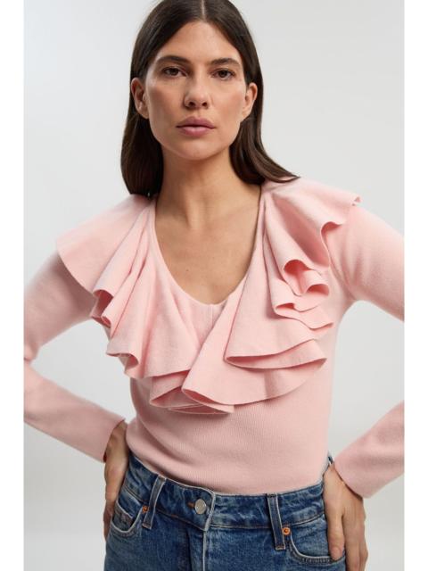 KAREN MILLEN Compact Wool Look Ruffle V Neck Knit Top