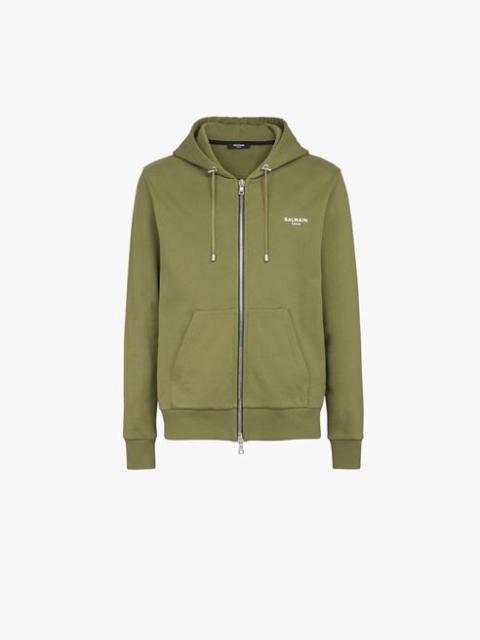 Balmain Khaki eco-designed cotton sweatshirt with small flocked white Balmain logo