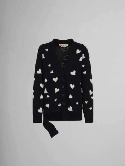Marni BLACK WOOL LONG CARDIGAN WITH BUNCH OF HEARTS MOTIF