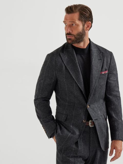Brunello Cucinelli Silk, wool and cashmere flecked chalk stripe flannel deconstructed blazer with large peak lapels