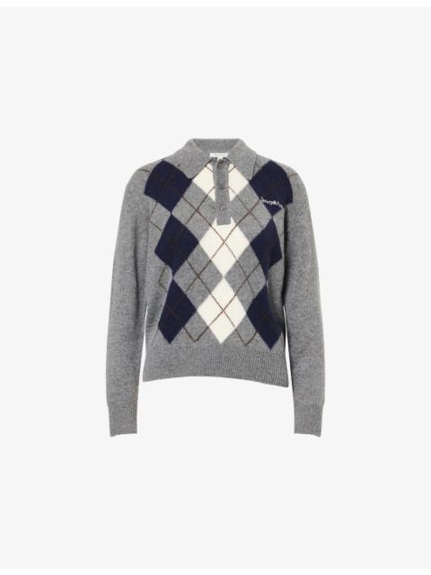 Sporty & Rich Embroidered-Logo Argyle Cashmere-And-Wool Polo Jumper
