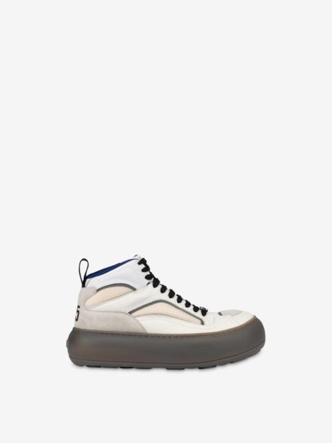 Moschino HIGH-TOP SNEAKERS IN MESH, CALFSKIN, AND SUEDE