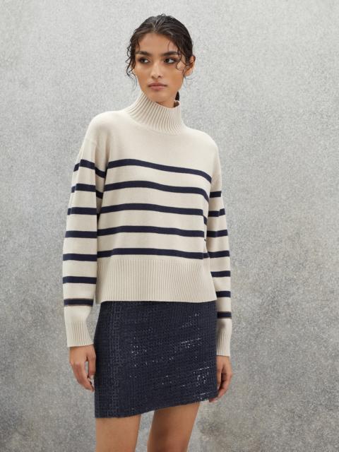 Striped cashmere turtleneck sweater with shiny cuffs