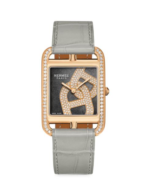 Hermès Women's Cape Cod 37MM Chain D'Ancre 18K Rose Gold, Diamond & Alligator Strap Watch - Grey