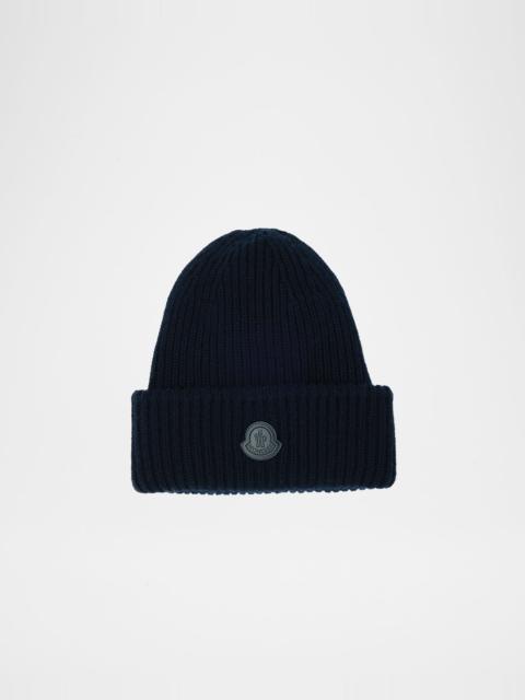 Moncler Men's Cashmere Rib Leather-Logo Beanie Hat