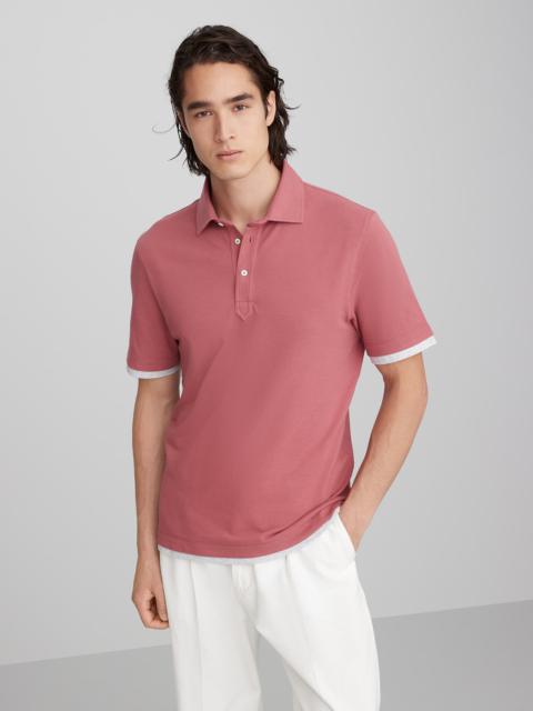 Cotton piqué shirt-style collar polo with faux-layering