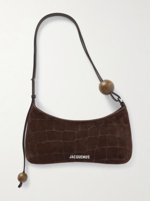 JACQUEMUS Le Bisou Perle embellished leather-trimmed croc-effect suede shoulder bag Brown