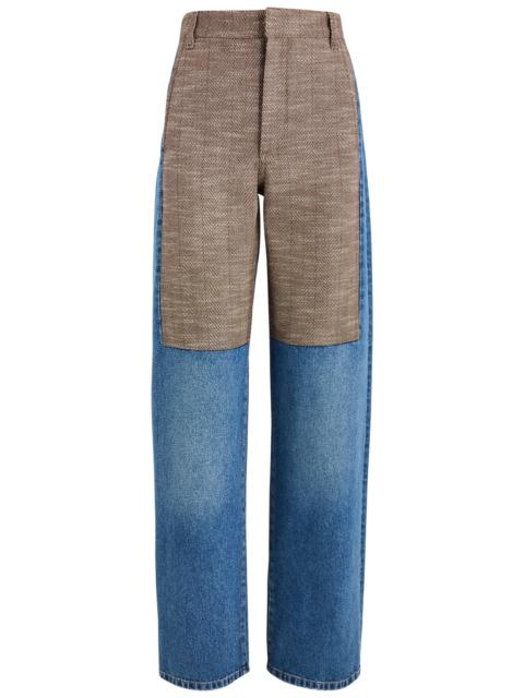 Herringbone tweed-panelled straight-leg jeans