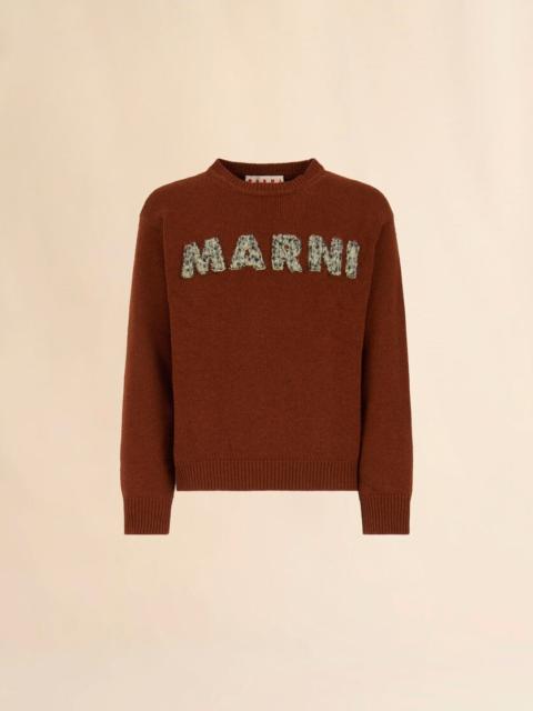 Marni BROWN WOOL SWEATER WITH LASER-CUT MARNI LOGO