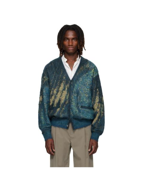 YOKE Blue & Green Abstract Jacquard Mohair Cardigan