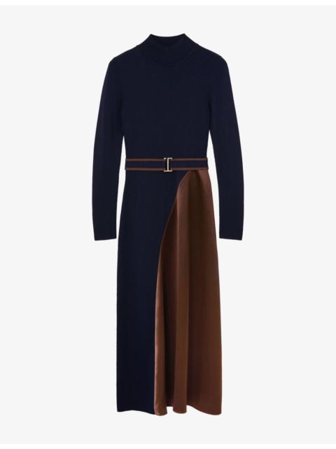 REISS Misty Satin-Panel Knitted Midi Dress