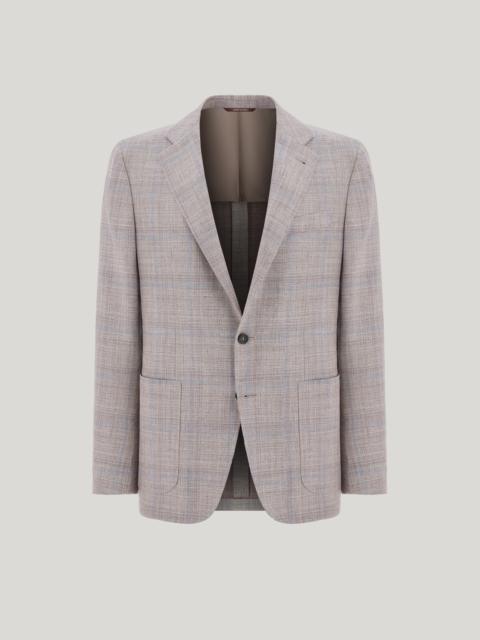 Canali BEIGE AND LILAC WOOL, SILK AND LINEN MODERN-FIT JACKET WITH OVERCHECK PATTERN