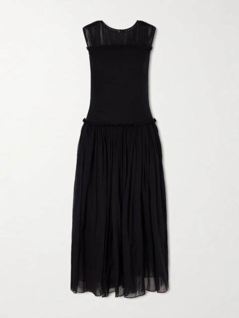 ABADIA Plissé chiffon-trimmed silk-satin midi dress Black