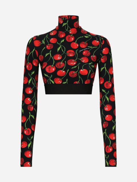 Cherry-print technical jersey turtle-neck top with branded elastic