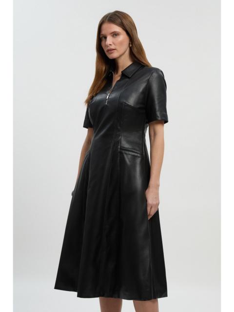 KAREN MILLEN Faux Leather Collared Midi Shirt Dress