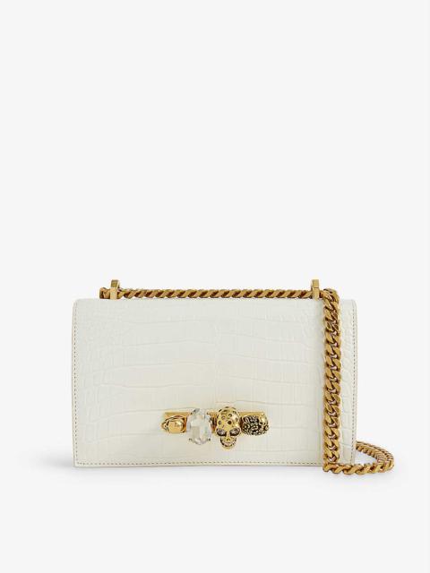 Skull and jewel-embellished croc-embossed leather cross-body bag