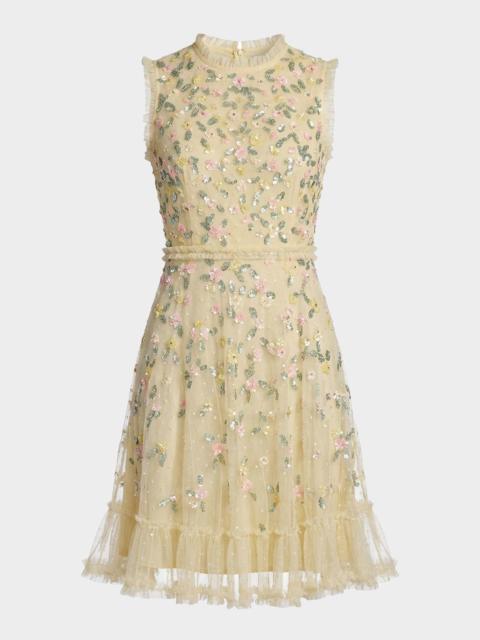 MAC DUGGAL Ruffle-Trim Floral Sequin Mesh Dress